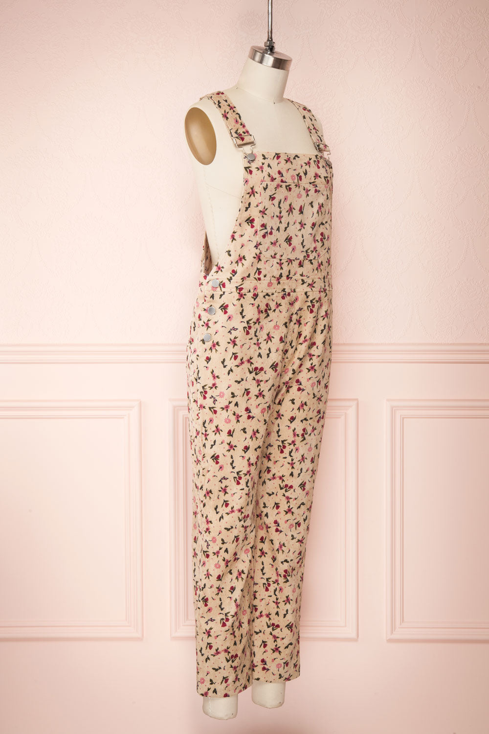 Acaste Beige Floral Denim Overalls | La petite garçonne side view