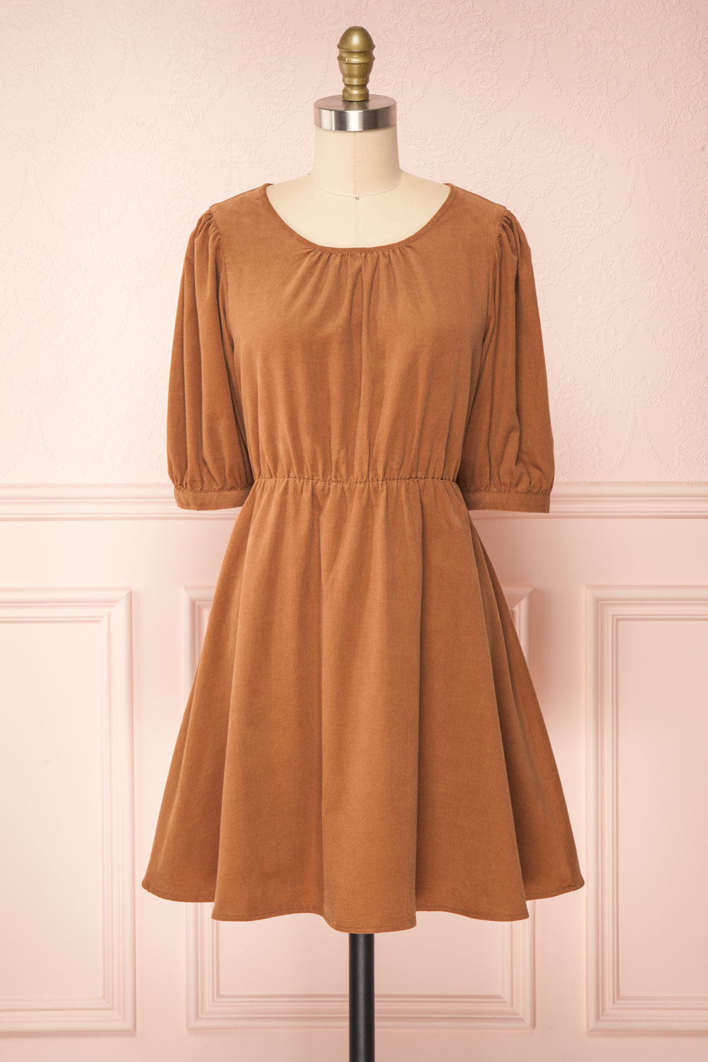 Adelais Brown Corduroy A-Line Short Dress | Boutique 1861 front view