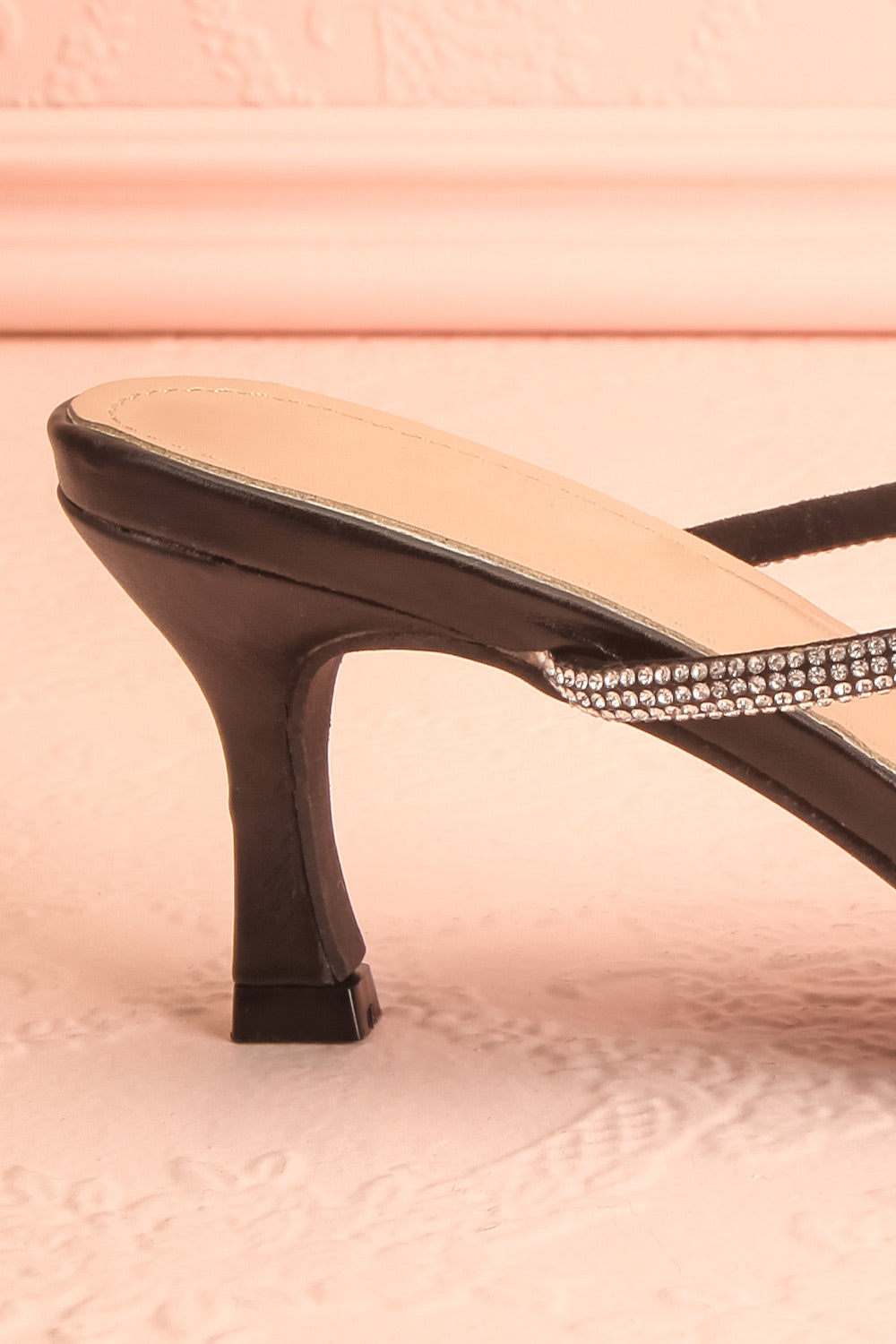 Adele Black Slip-on Sparkly Heeled Sandals | Boudoir 1861 side back close-up