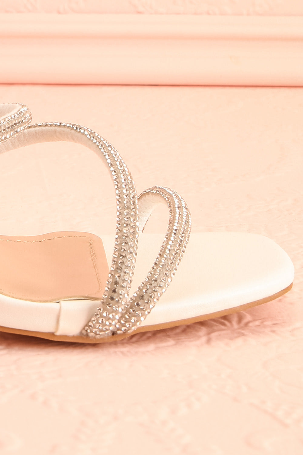 Adele White Slip-on Sparkly Heeled Sandals | Boudoir 1861 side close-up