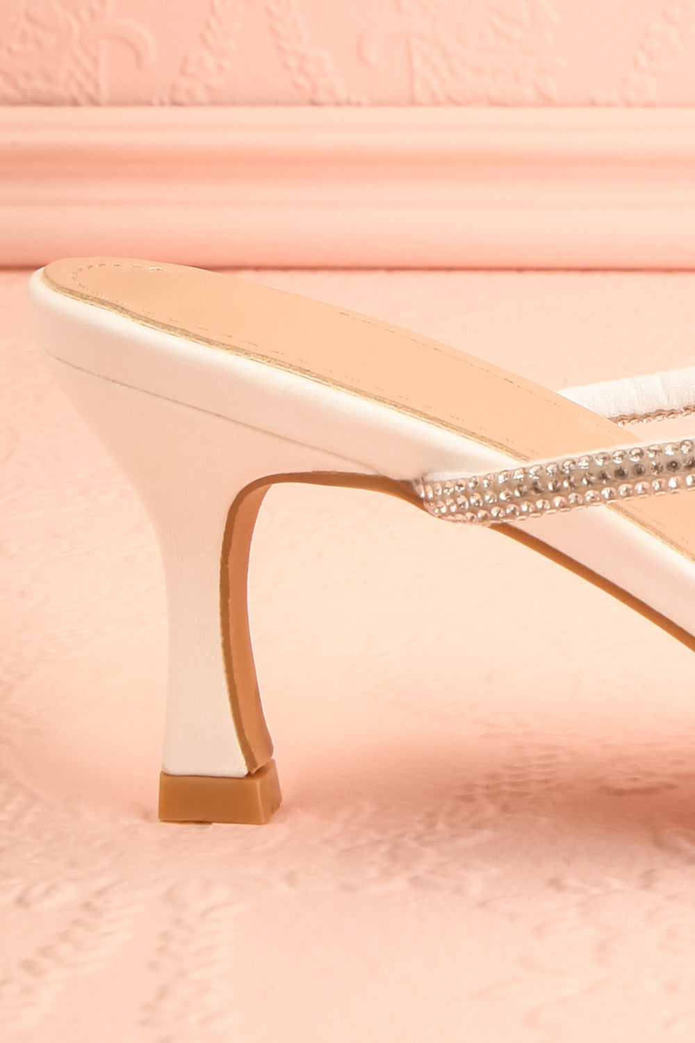 Adele White Slip-on Sparkly Heeled Sandals | Boudoir 1861 side back close-up