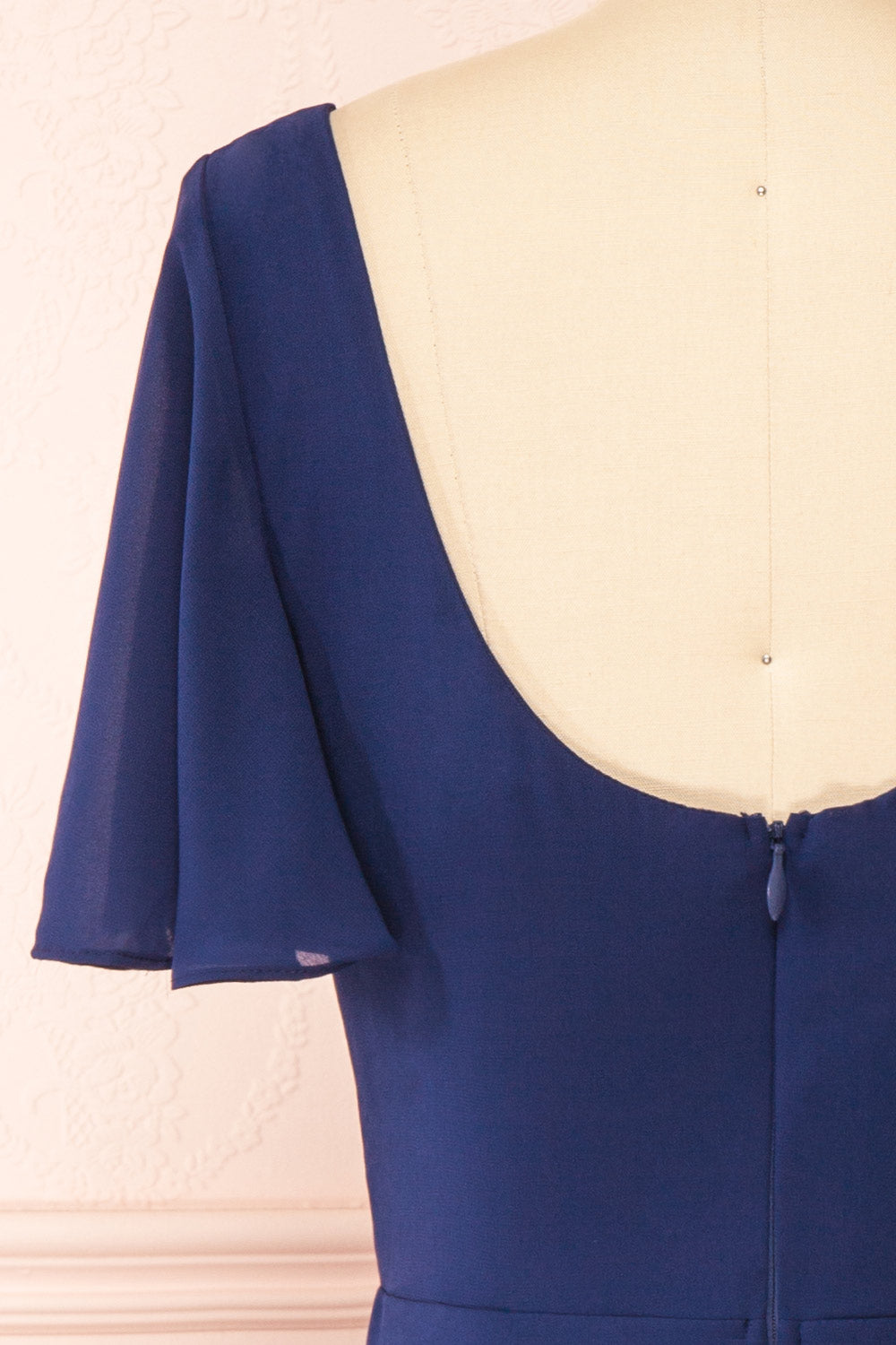 Adelie Navy V-neck Chiffon Midi Dress | Boutique 1861 back close-up