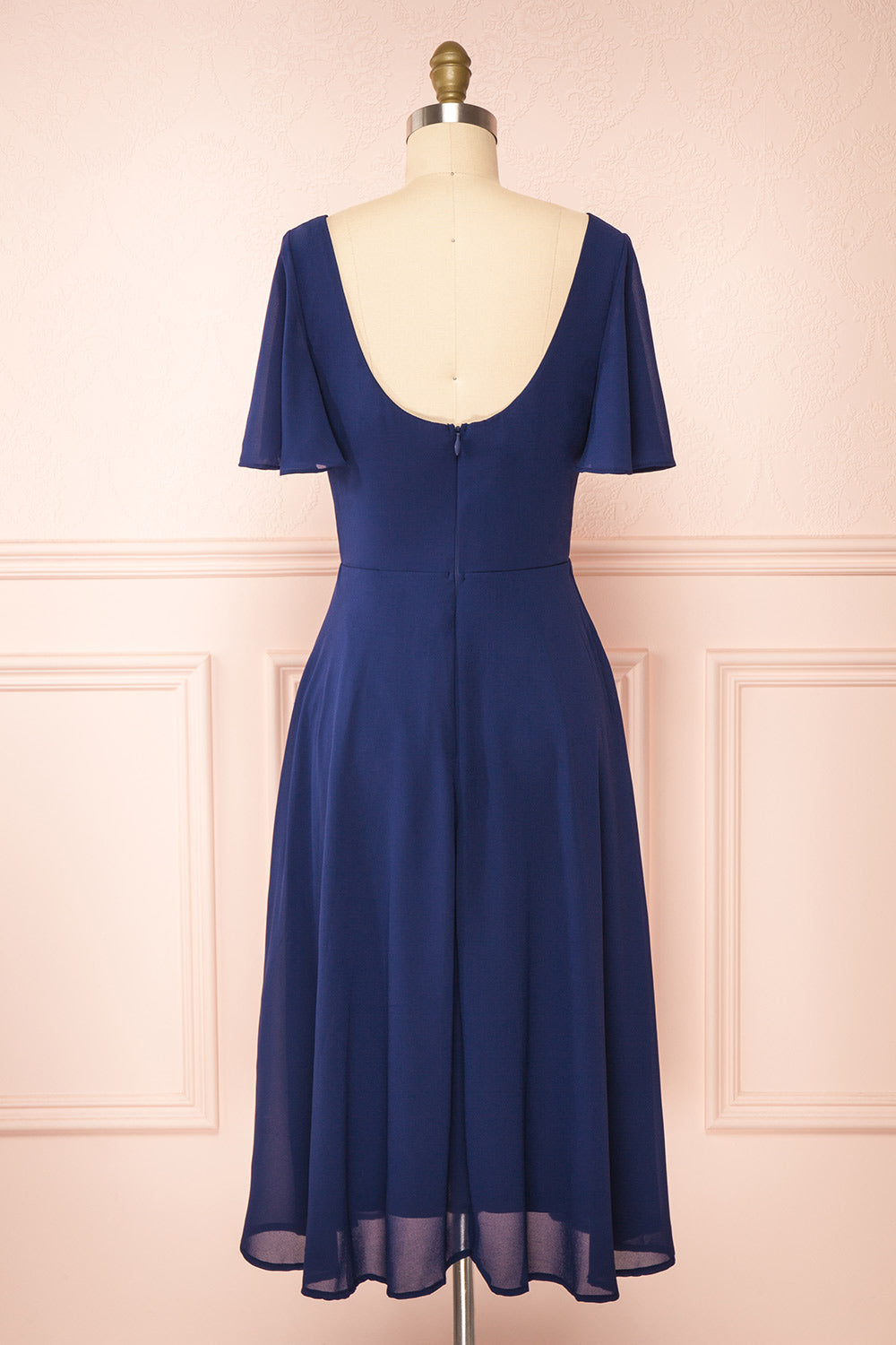 Adelie Navy V-neck Chiffon Midi Dress | Boutique 1861 back view
