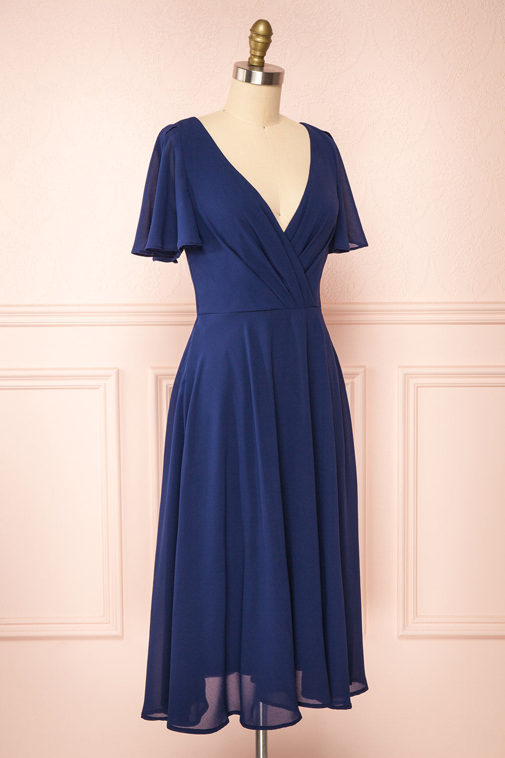 Adelie Navy V-neck Chiffon Midi Dress | Boutique 1861 side view