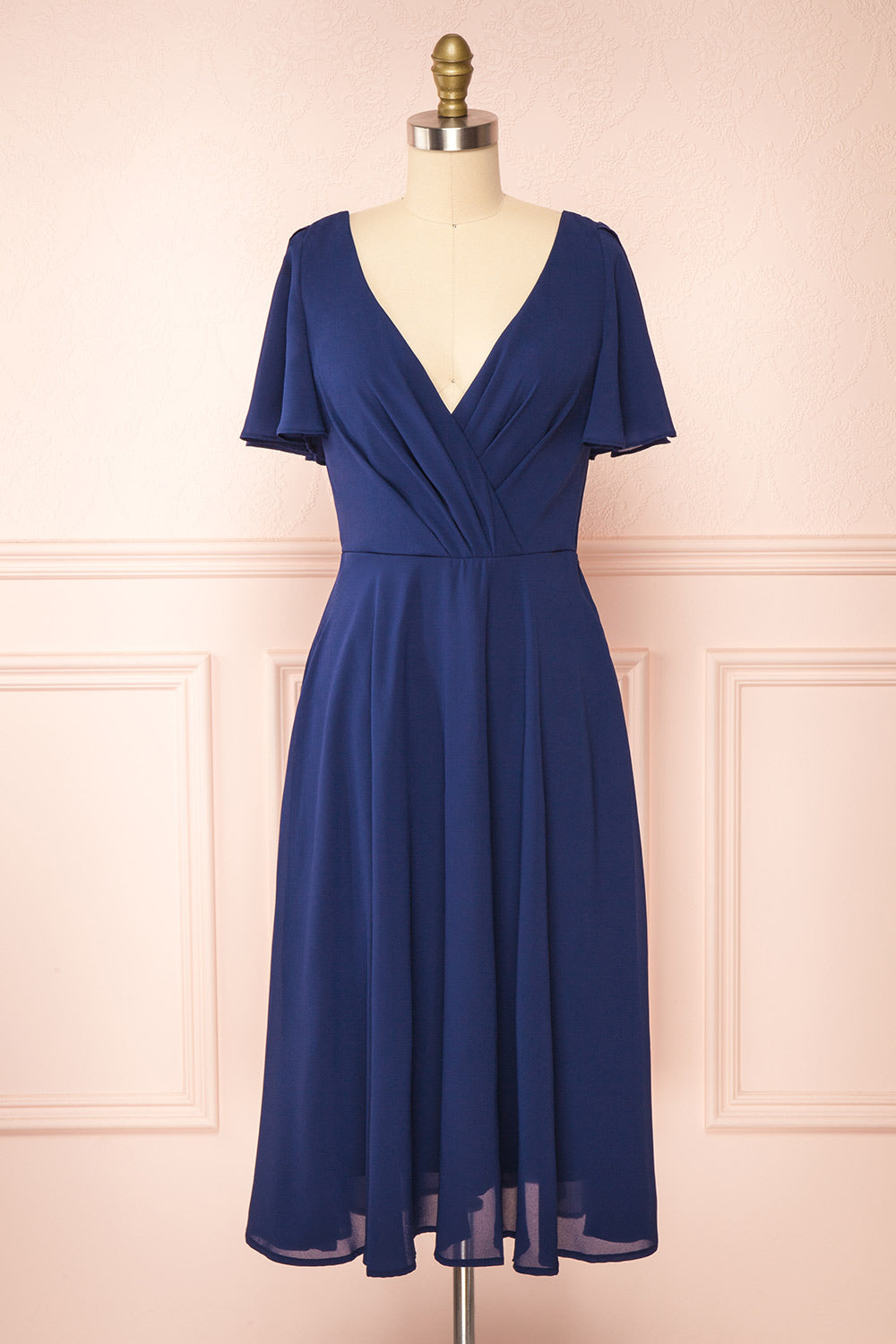 Adelie Navy V-neck Chiffon Midi Dress | Boutique 1861 front view