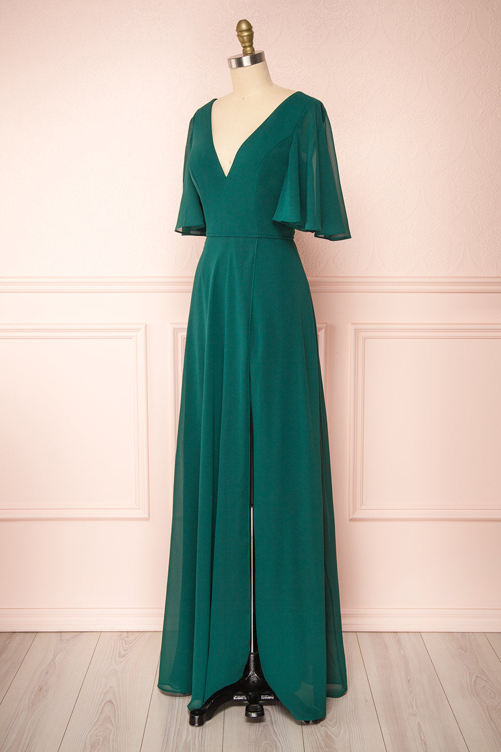 Adelphia Green V-Neck Chiffon Maxi Dress | Boutique 1861 side view