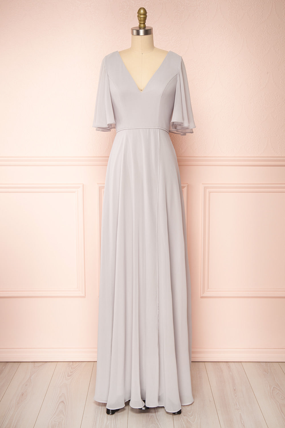 Adelphia Grey Short Sleeve Chiffon Maxi Dress | Boutique 1861 front view