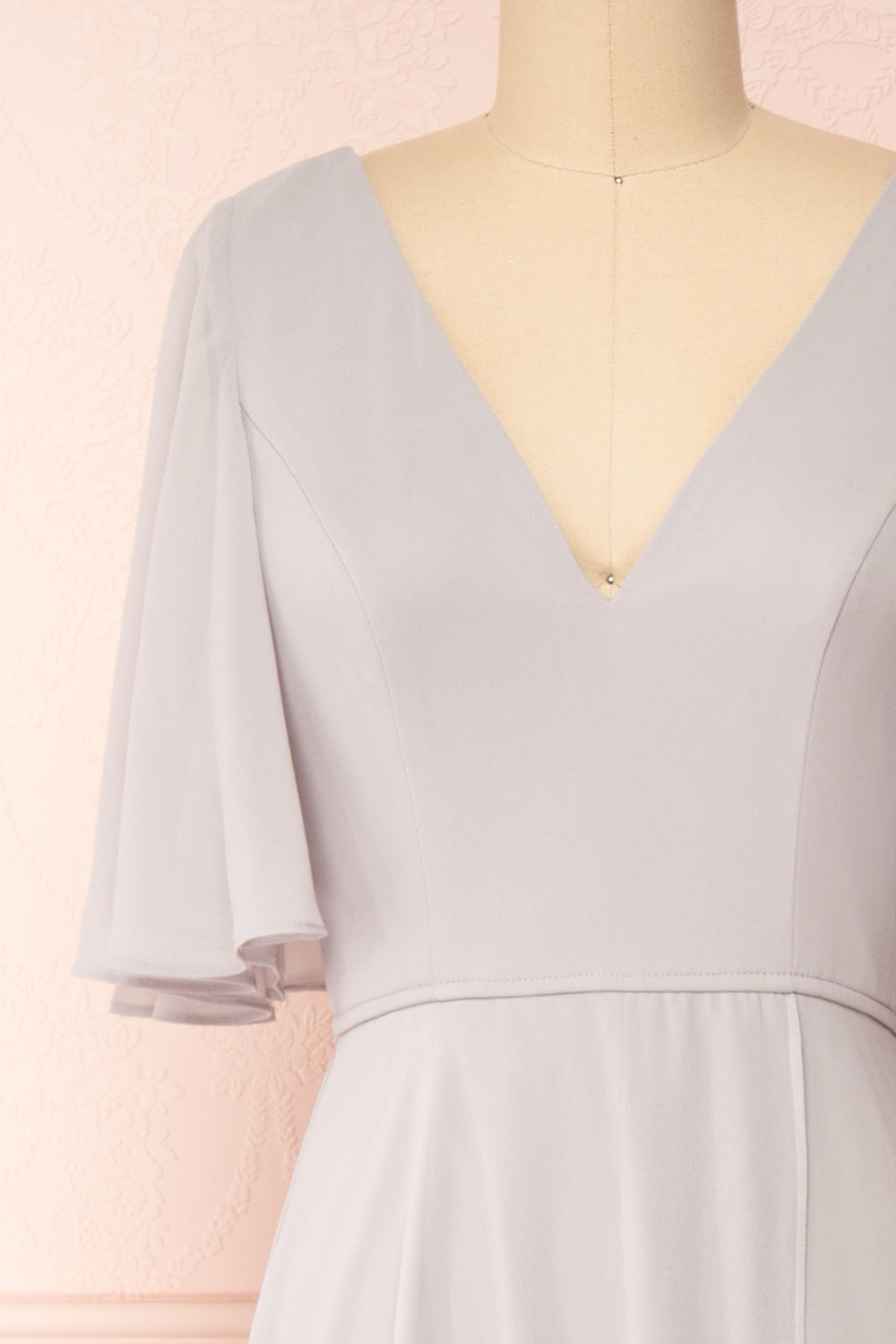 Adelphia Grey Short Sleeve Chiffon Maxi Dress | Boutique 1861 front close-up