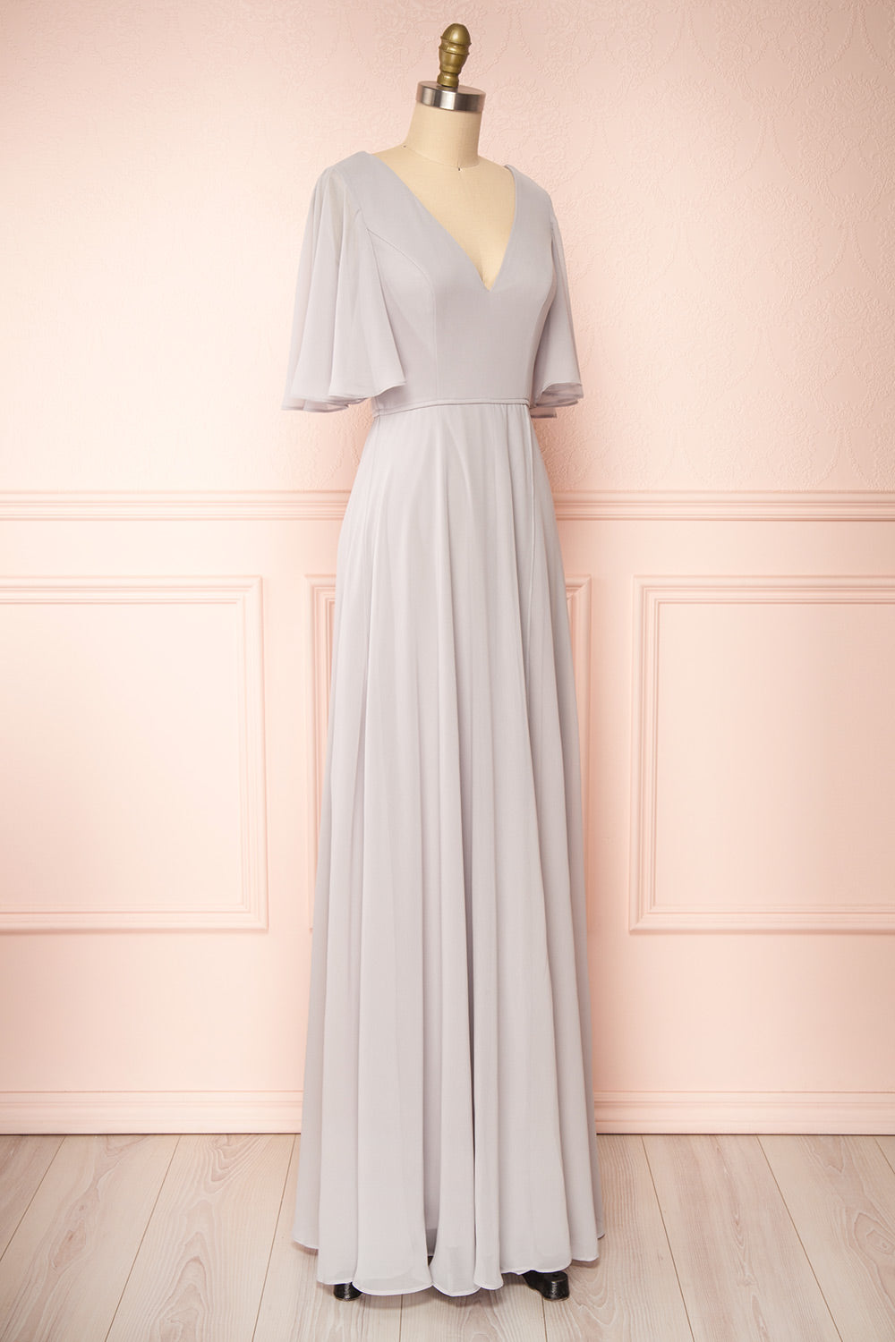 Adelphia Grey Short Sleeve Chiffon Maxi Dress | Boutique 1861 side view
