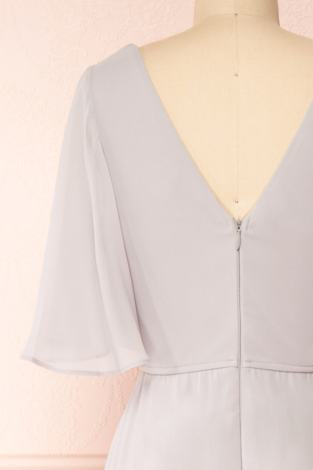 Adelphia Grey Short Sleeve Chiffon Maxi Dress | Boutique 1861 back close-up