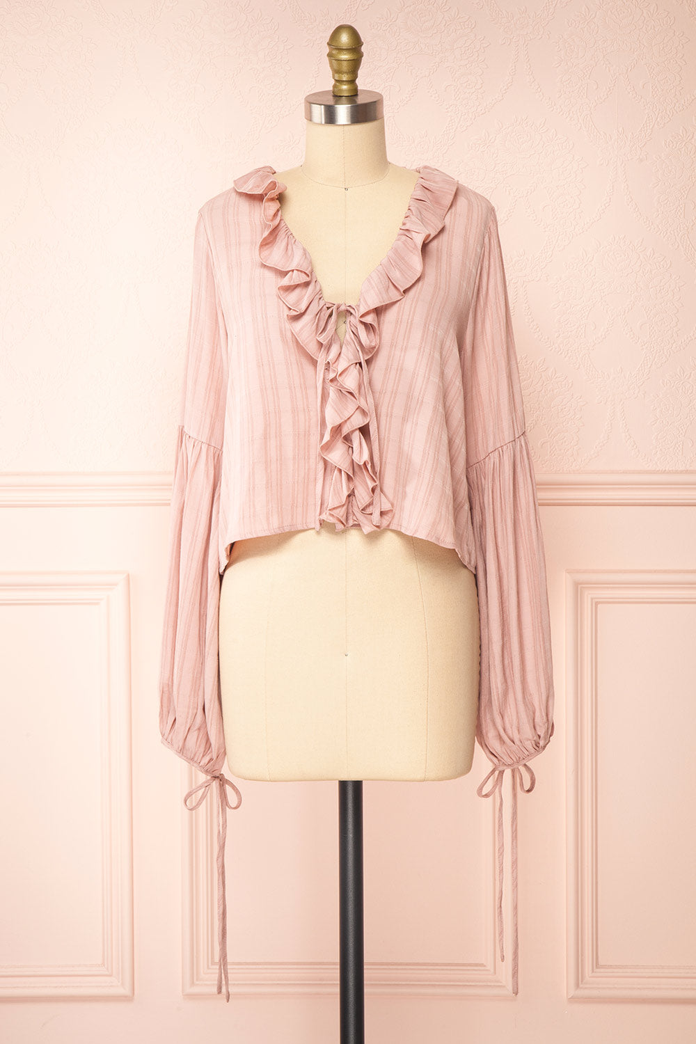 Adorae Pink Long Sleeve Blouse w/ Ruffled Collar | Boutique 1861 front view
