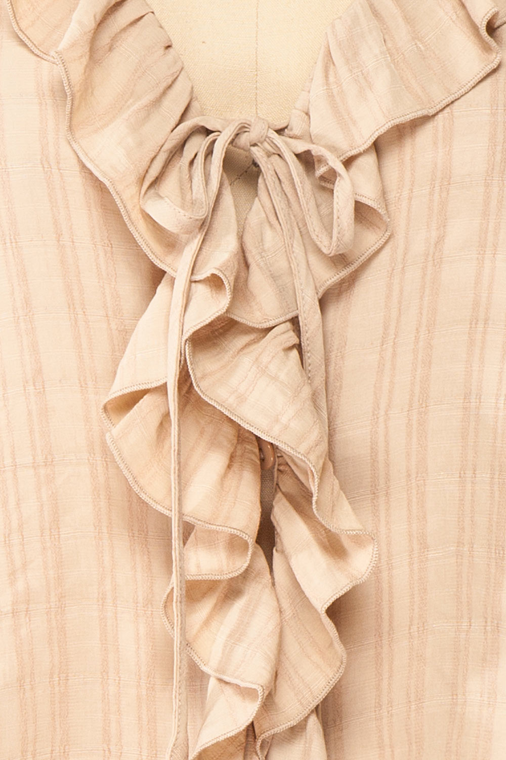 Adorae Taupe Long Sleeve Blouse w/ Ruffled Collar | Boutique 1861 fabric