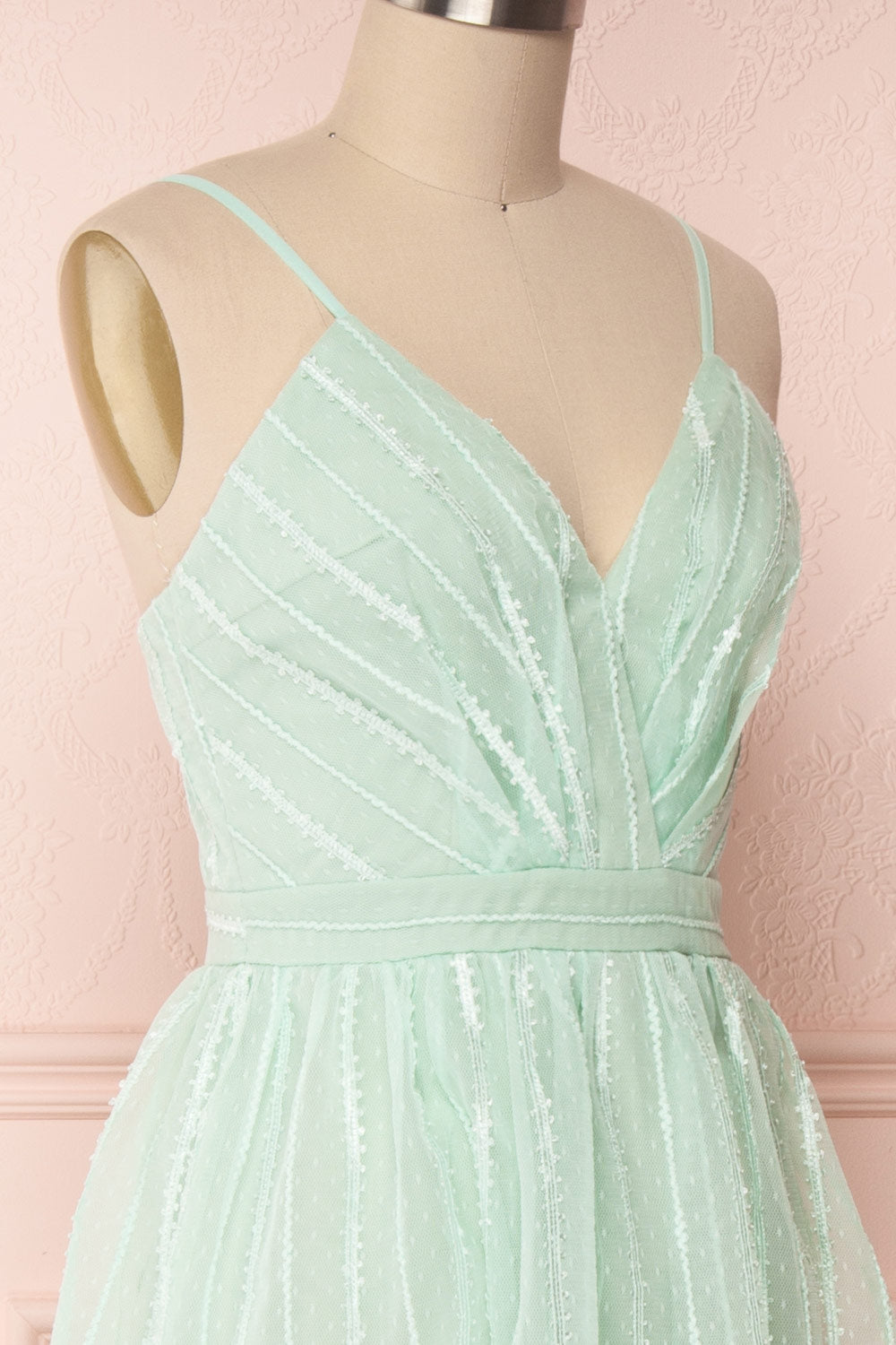 Aegis Lychee Pink Striped Mesh A-Line Gown | Boutique 1861 4