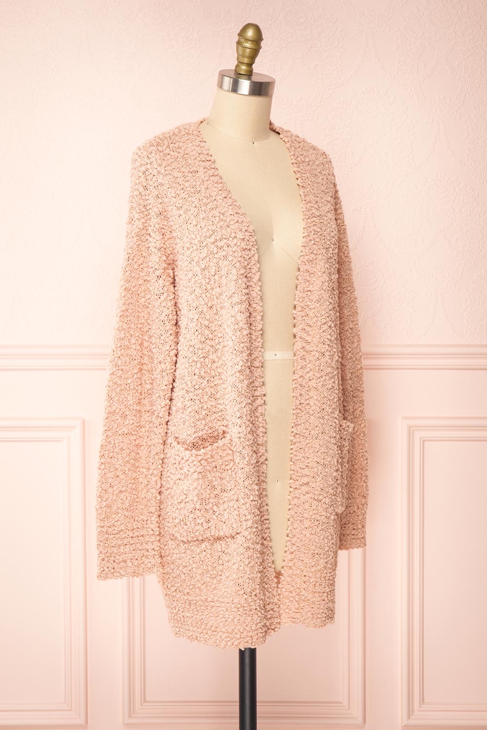 Aegle Blush Pink Long Fuzzy Knitted Cardigan | Boutique 1861 side view