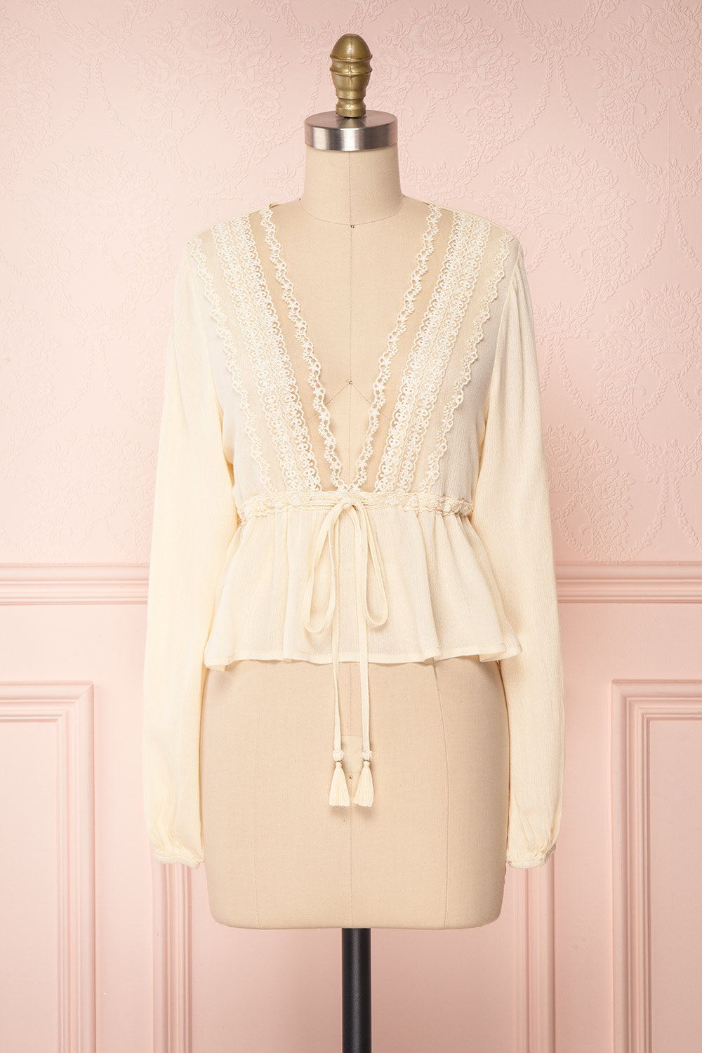 Affoue Cream Long Sleeved Crop Top with Lace | Boutique 1861 1