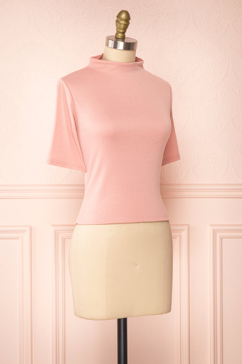 Agnees Pink Mock Neck Crop T-Shirt | Boutique 1861 side view