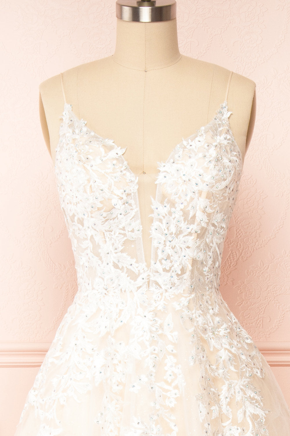 Aicha Beige Embroidered Bridal Gown w/ Sequins | Boudoir 1861 front close up