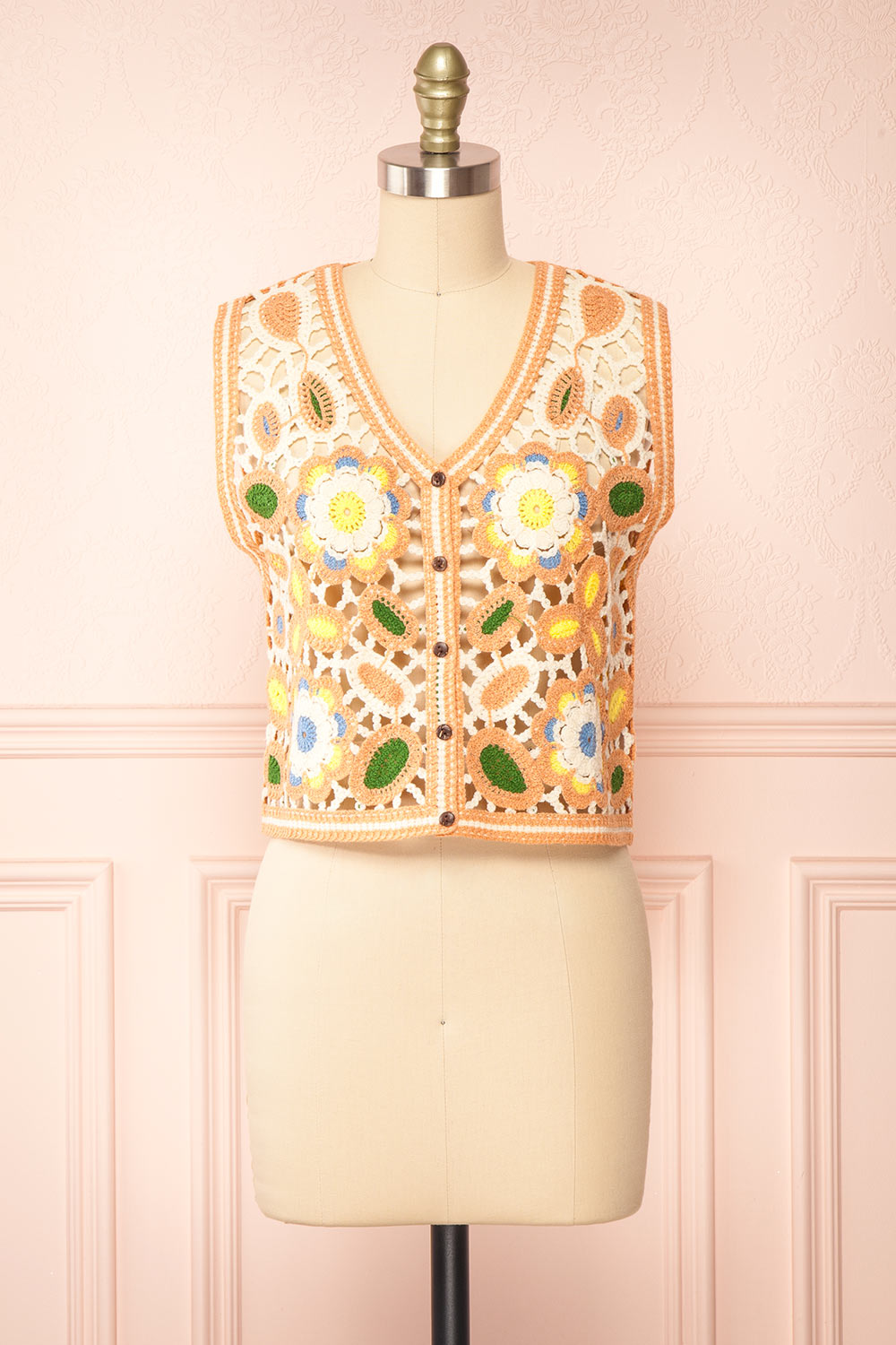 Ailbe Floral V-Neck Crochet Vest Front | Boutique 1861