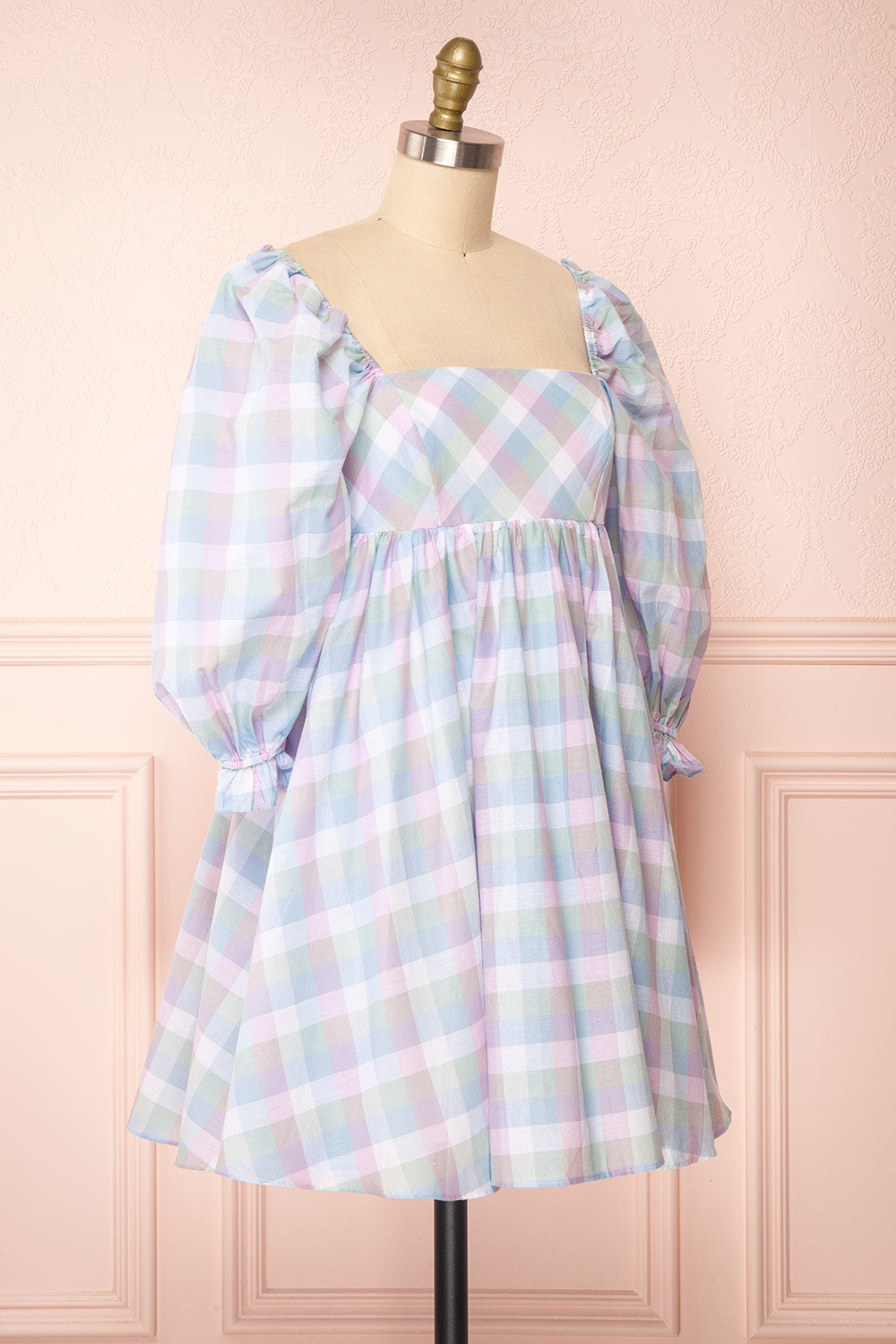 Akemii Blue Plaid Square Neck Short Dress | Boutique 1861 side view