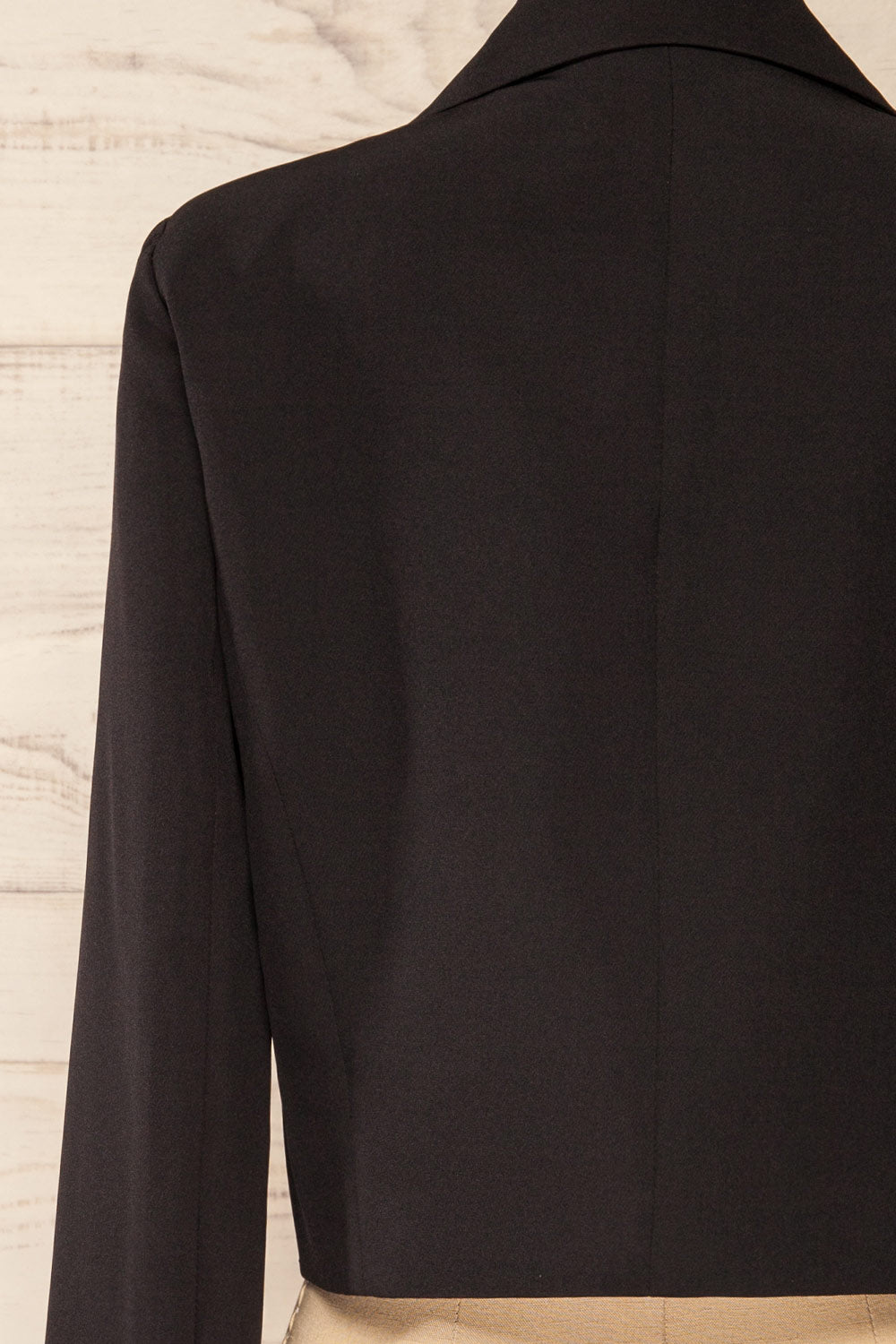 Alcorcon Black Cropped Blazer w/ Notched Lapels back close-up