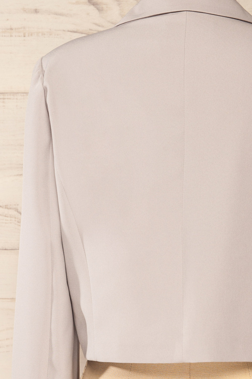 Alcorcon Grey Cropped Blazer w/ Notched Lapels back close-up