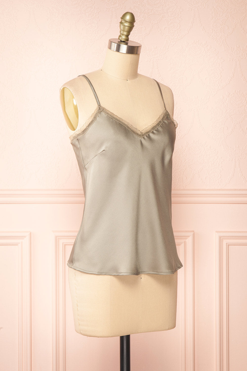 Alexa Green Satin Cami Top w/ Lace Trim | Boutique 1861 side view