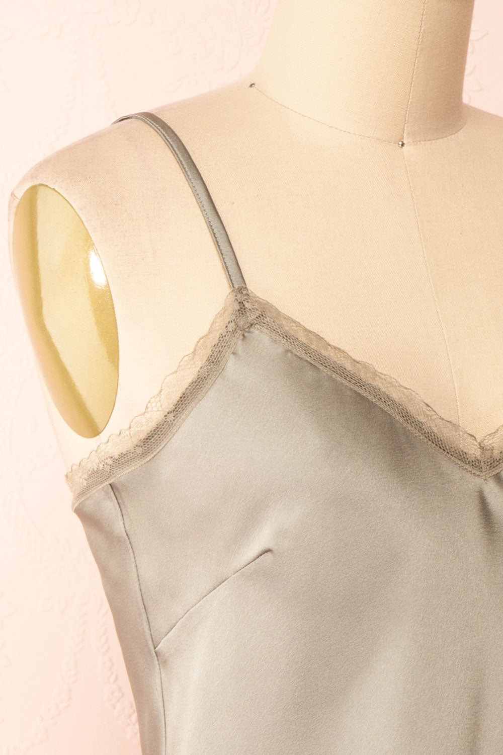 Alexa Green Satin Cami Top w/ Lace Trim | Boutique 1861 side close-up