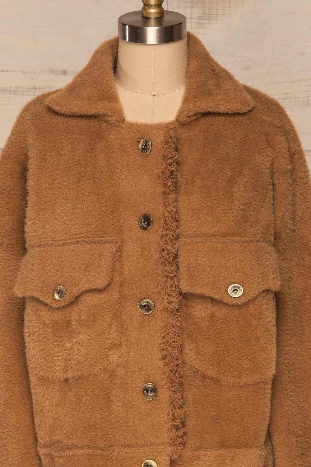 Alfonsia Brown Fuzzy Jacket w/ Buttons front close up closed | La Petite Garçonne