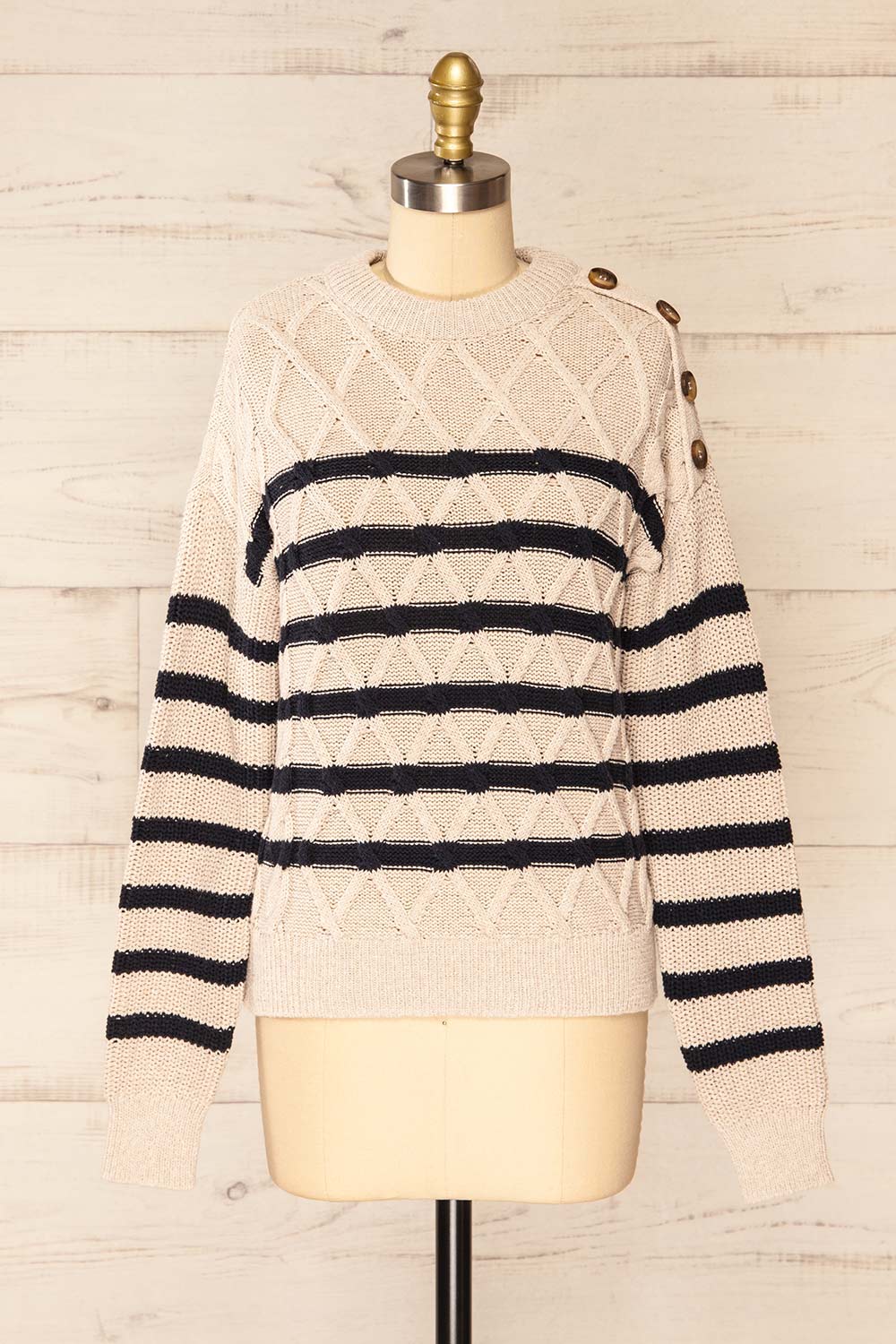 Algesiras Beige Diamond Knit Striped Sweater | La petite garçonne front view