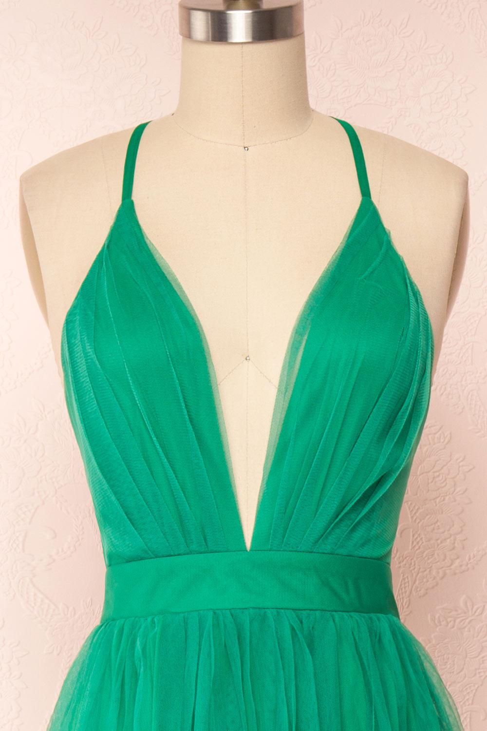 Aliki Light Green Plunging Neck Tulle Maxi Dress | Boutique 1861 front close up