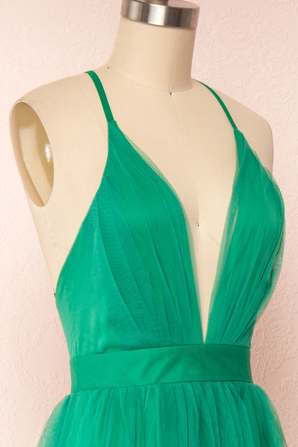 Aliki Light Green Plunging Neck Tulle Maxi Dress | Boutique 1861 side close up