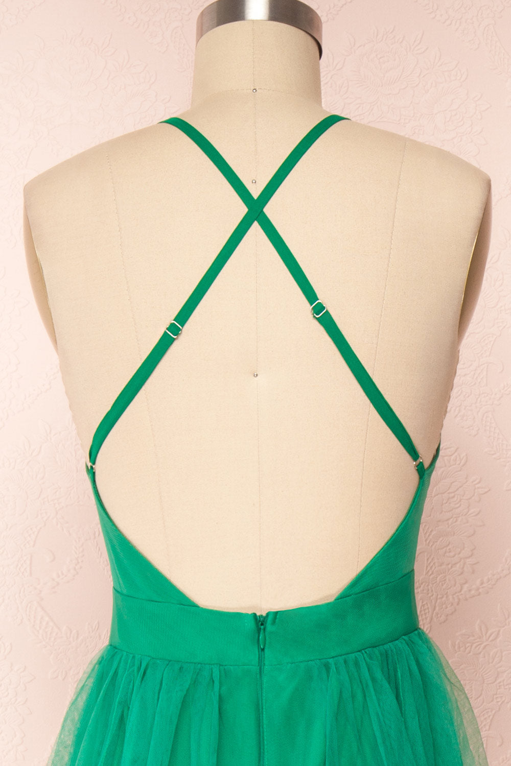 Aliki Light Green Plunging Neck Tulle Maxi Dress | Boutique 1861 back close up