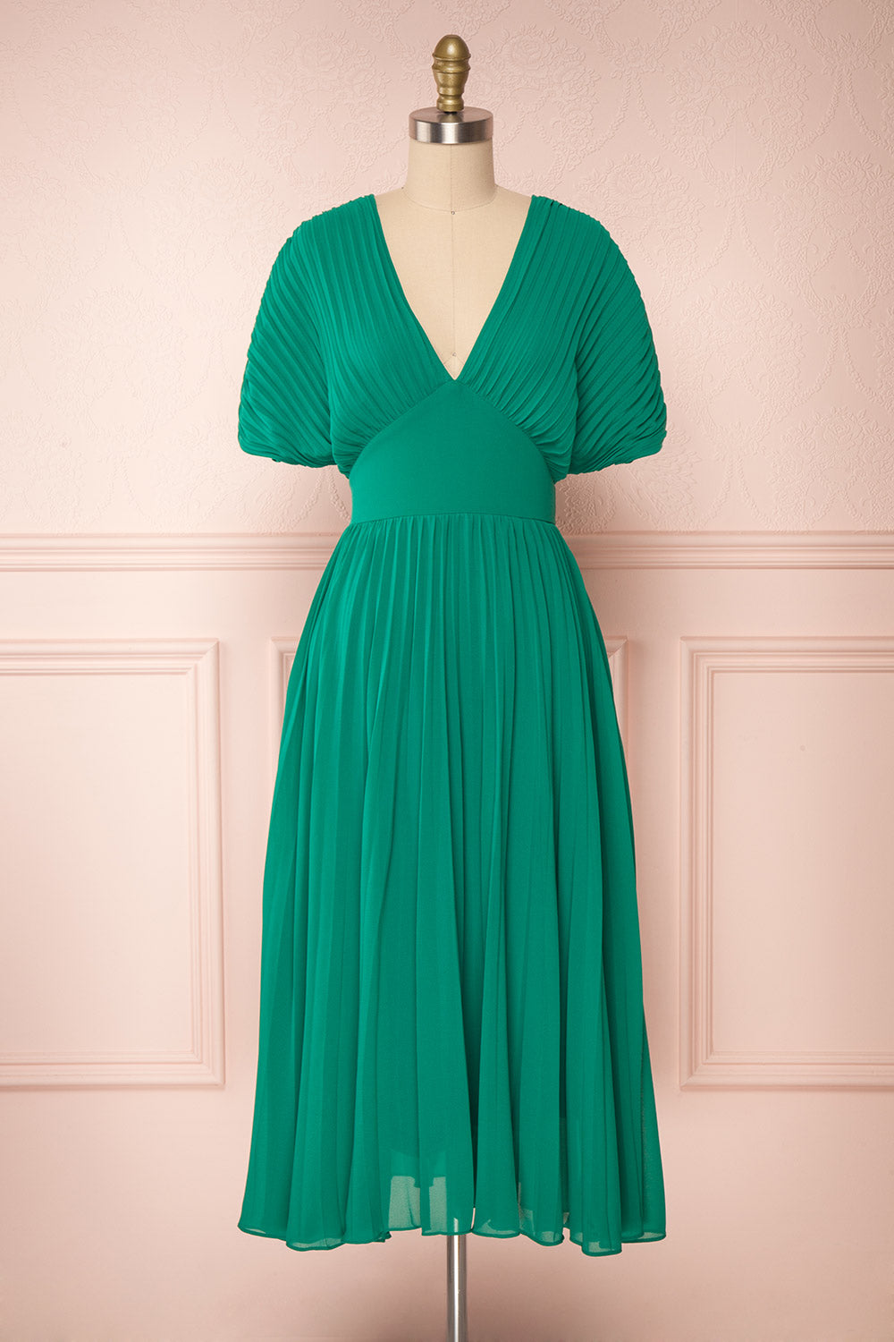 Alisha Emeraude Green Pleated A-Line Midi Dress | Boutique 1861 front view
