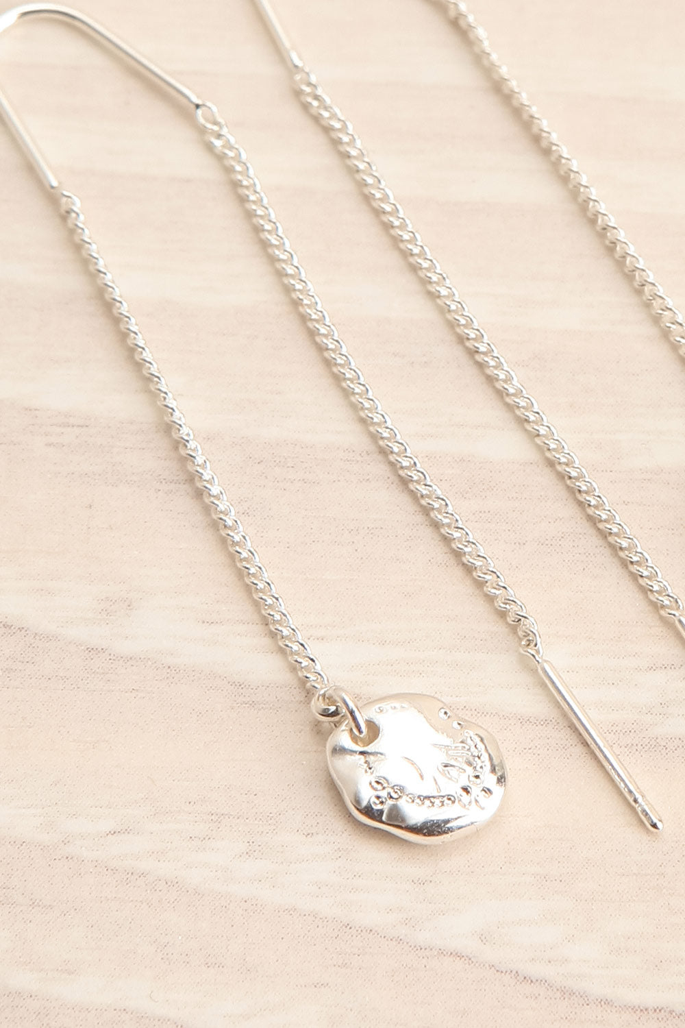 Ambergris Silver Thread Through Earrings w/ Engraved Handcrafted Shield close-up