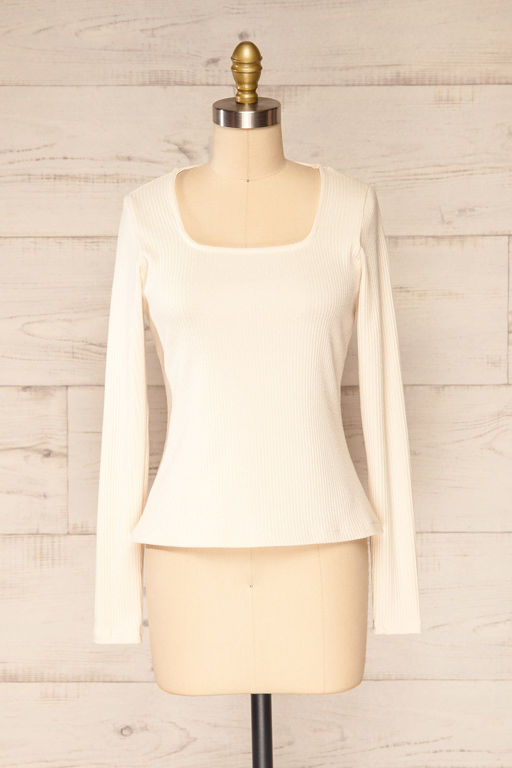 Amberr Cream Ribbed Long Sleeve Top | La petite garçonne front view