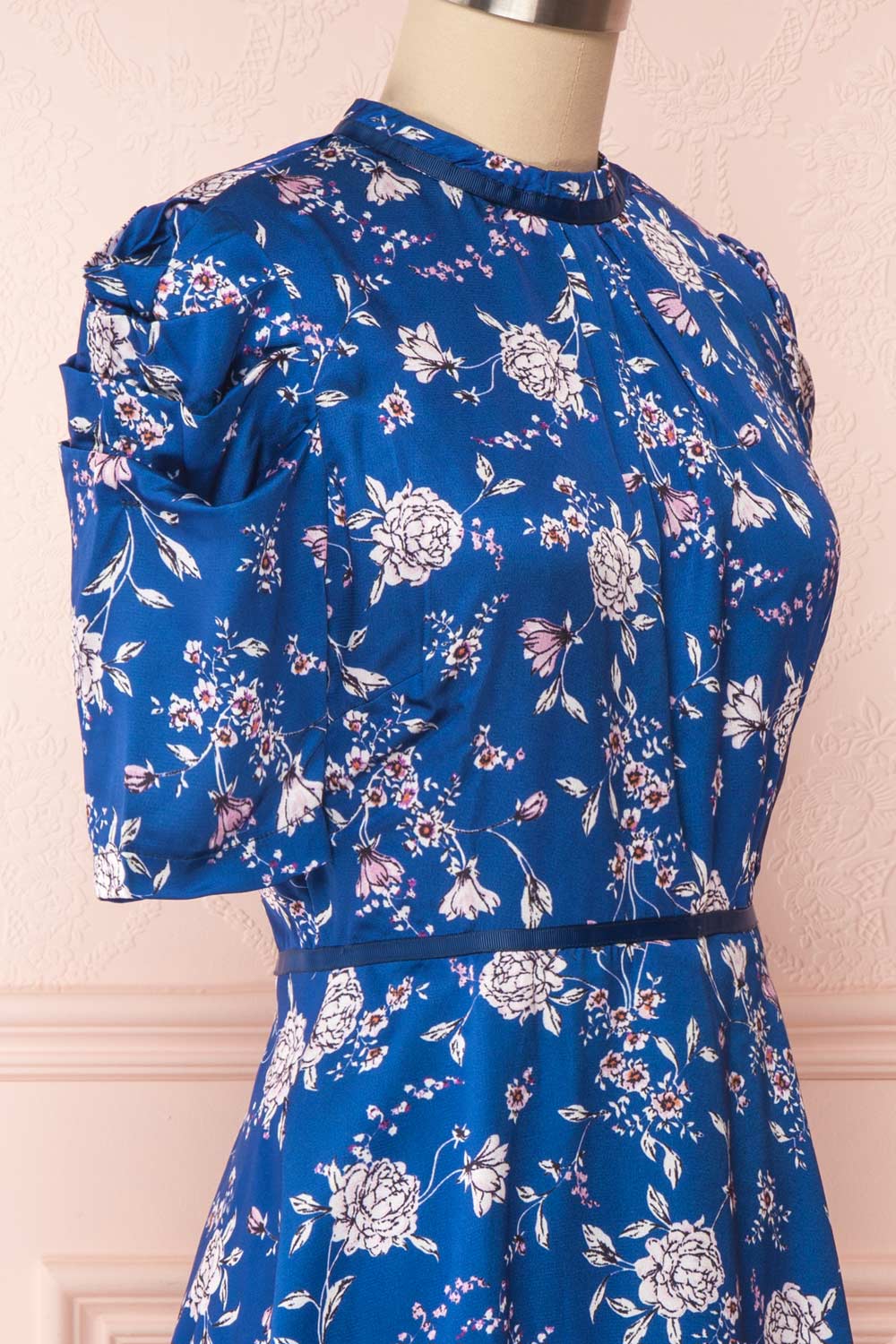 Anaelle Midnight Blue Floral Silky Cocktail Dress | SIDE CLOSE UP | Boutique 1861