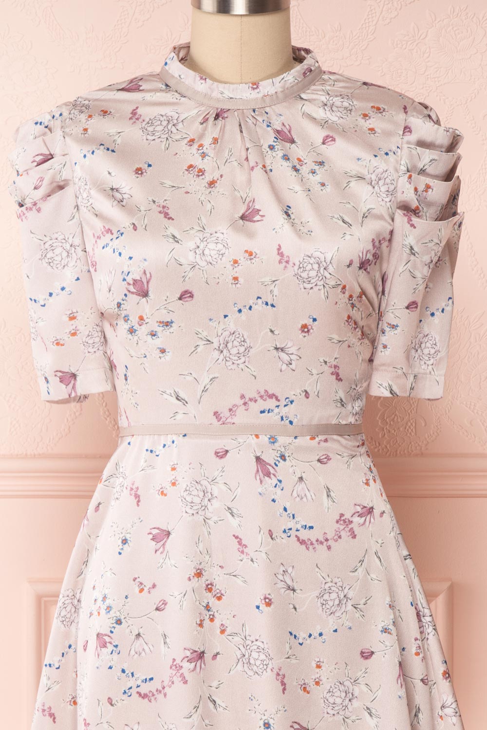 Anaelle Sunrise Blue Floral Silky Cocktail Dress | FRONT CLOSE UP | Boutique 1861