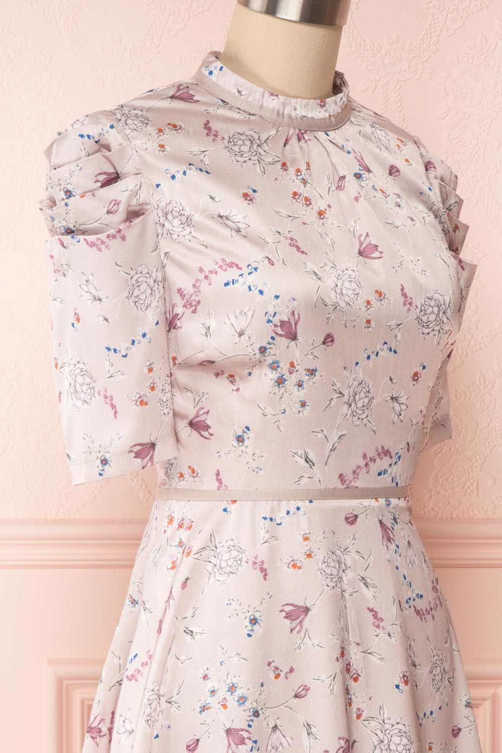 Anaelle Sunrise Blue Floral Silky Cocktail Dress | SIDE CLOSE UP | Boutique 1861