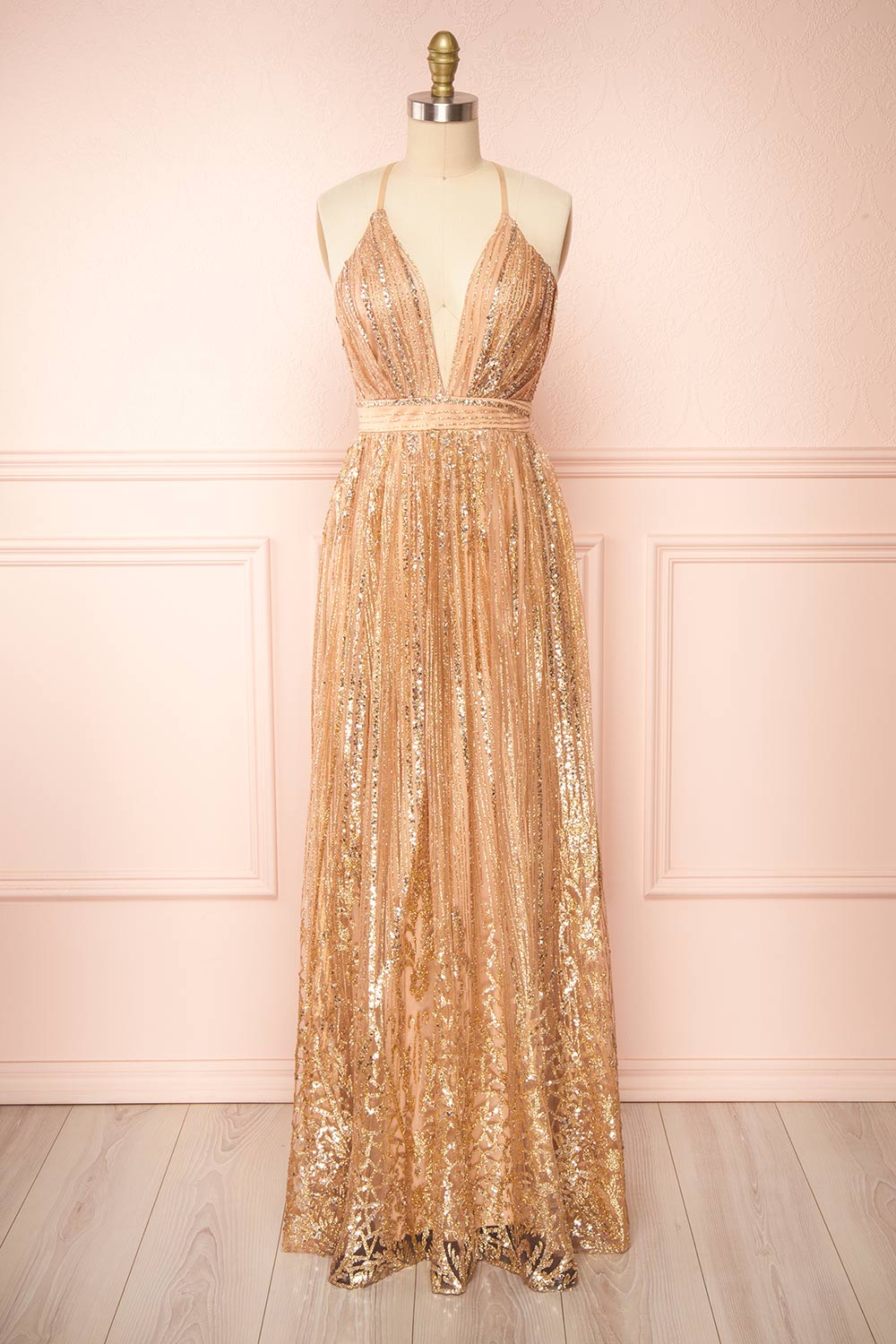 Andra Rose Gold Plunging Neckline Sparkling Maxi Dress | Boutique 1861