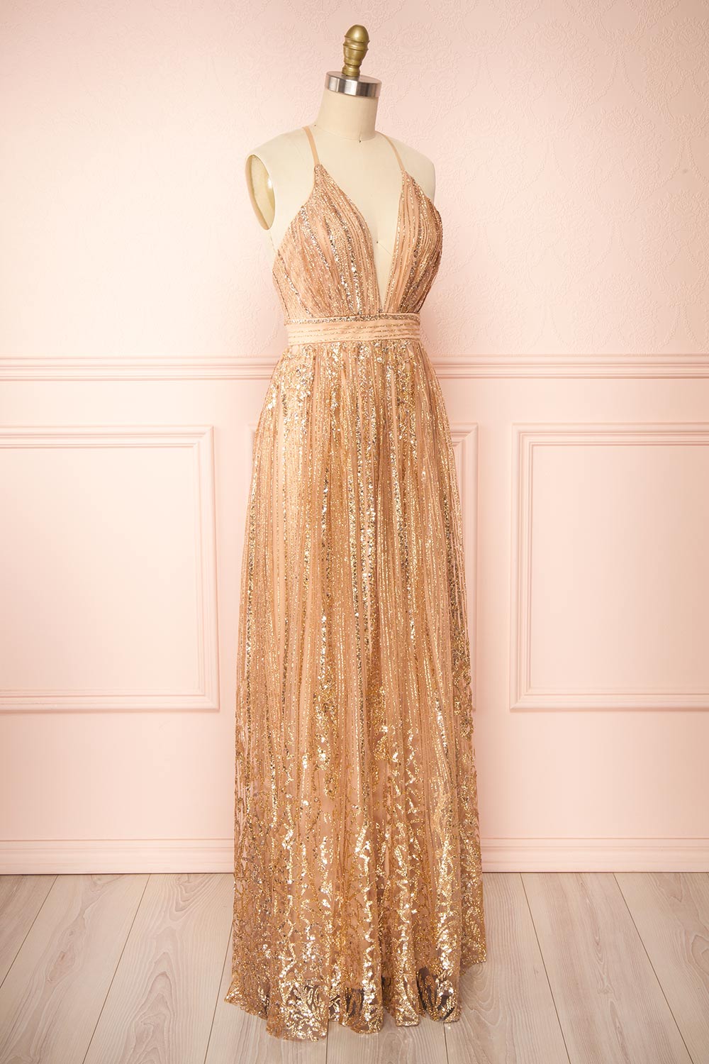 Andra Rose Gold Plunging Neckline Sparkling Maxi Dress | Boutique 1861 side view