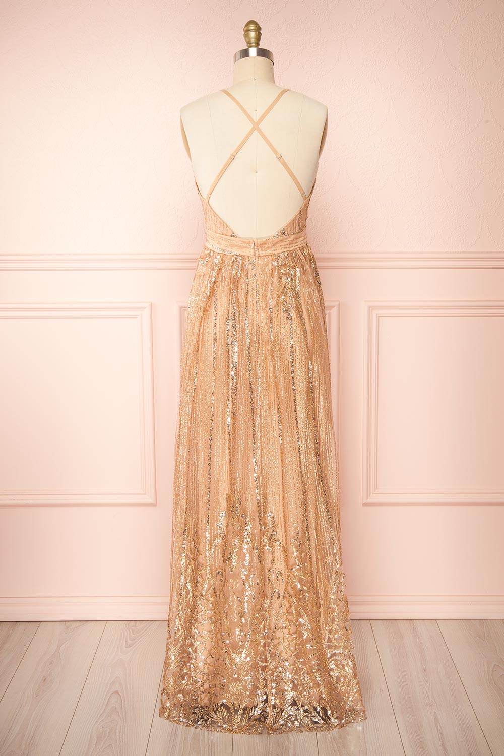 Andra Rose Gold Plunging Neckline Sparkling Maxi Dress | Boutique 1861 back view
