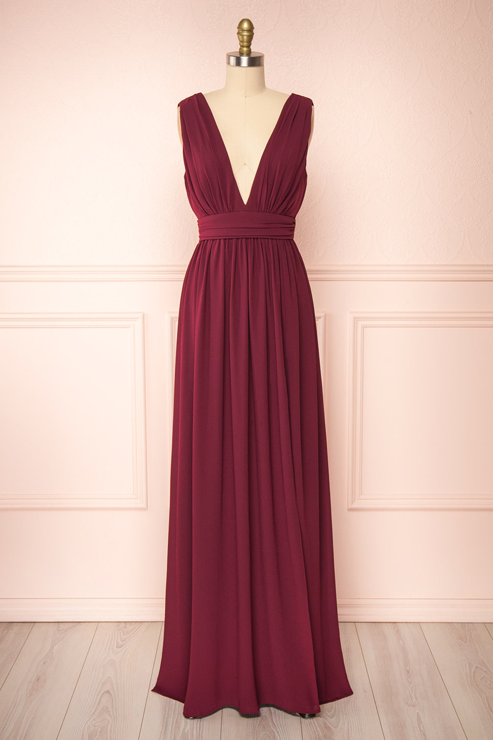 Animos Burgundy V-Neck Maxi Dress | Boudoir 1861 front view