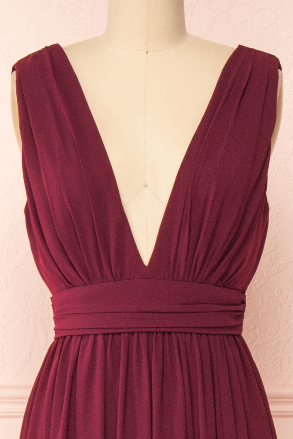 Animos Burgundy V-Neck Maxi Dress | Boudoir 1861 front close-up