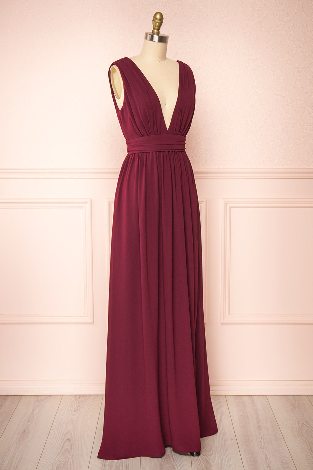 Animos Burgundy V-Neck Maxi Dress | Boudoir 1861 side view