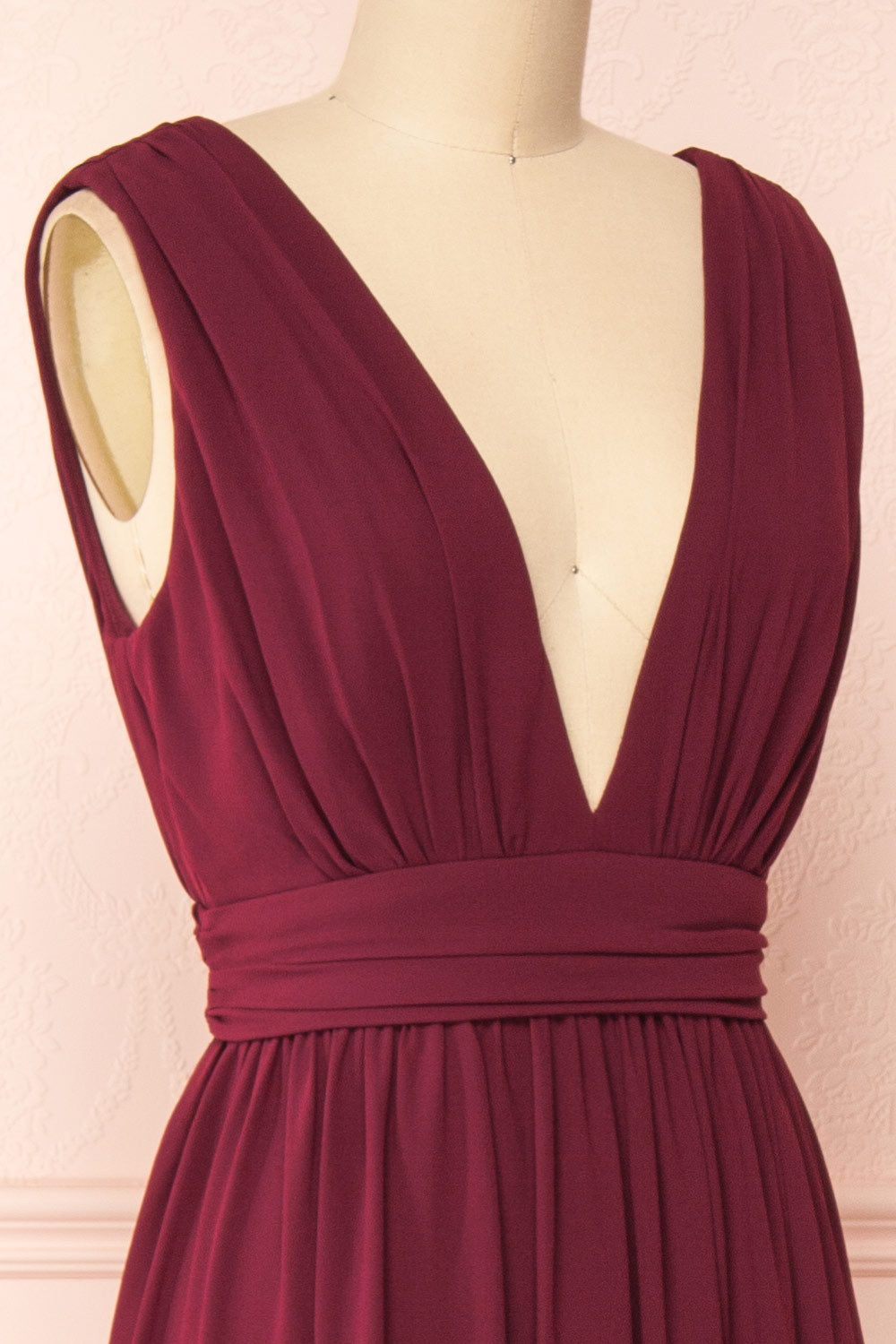 Animos Burgundy V-Neck Maxi Dress | Boudoir 1861 side close-up