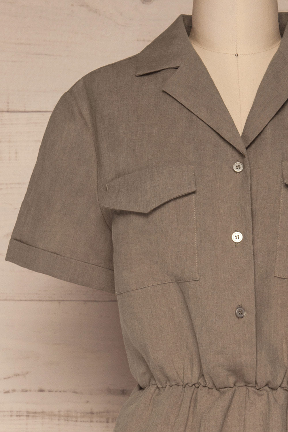 Arahal Taupe Short Sleeved Linen Romper | La petite garçonne front close-up