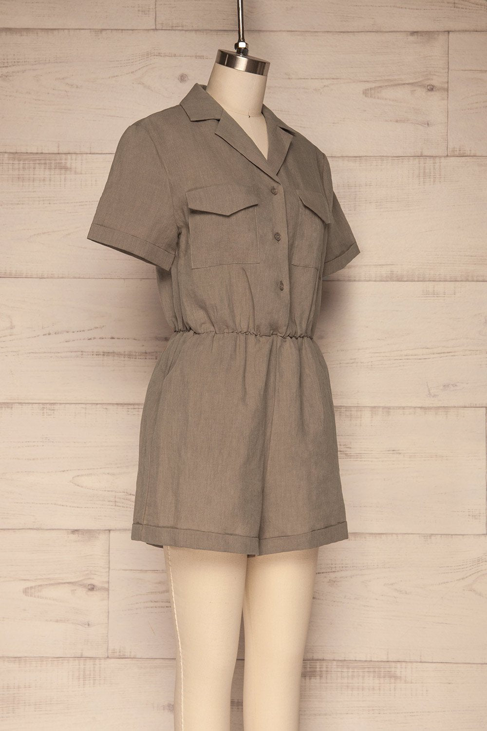 Arahal Taupe Short Sleeved Linen Romper side view | La petite garçonne