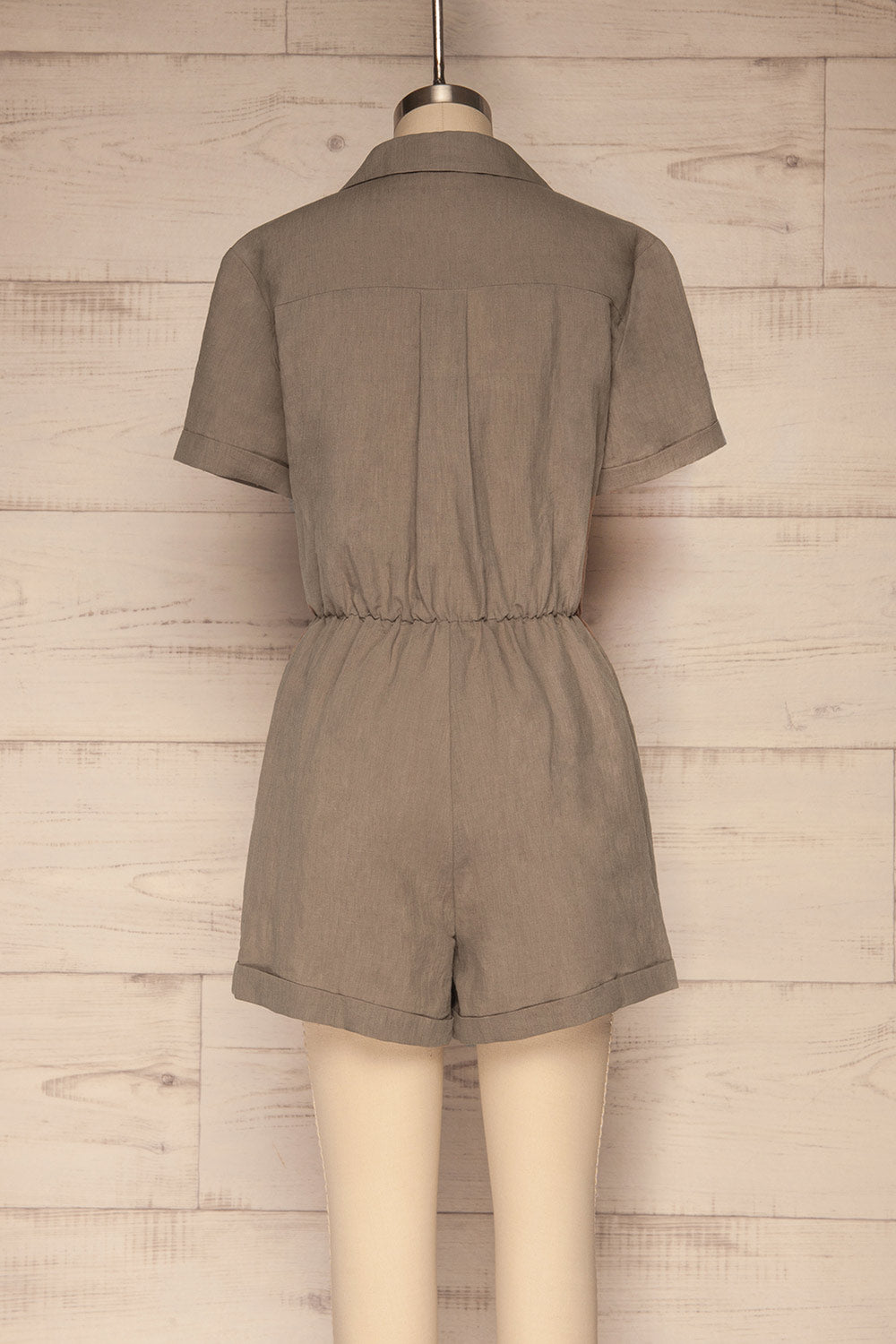 Arahal Taupe Short Sleeved Linen Romper | La petite garçonne back view