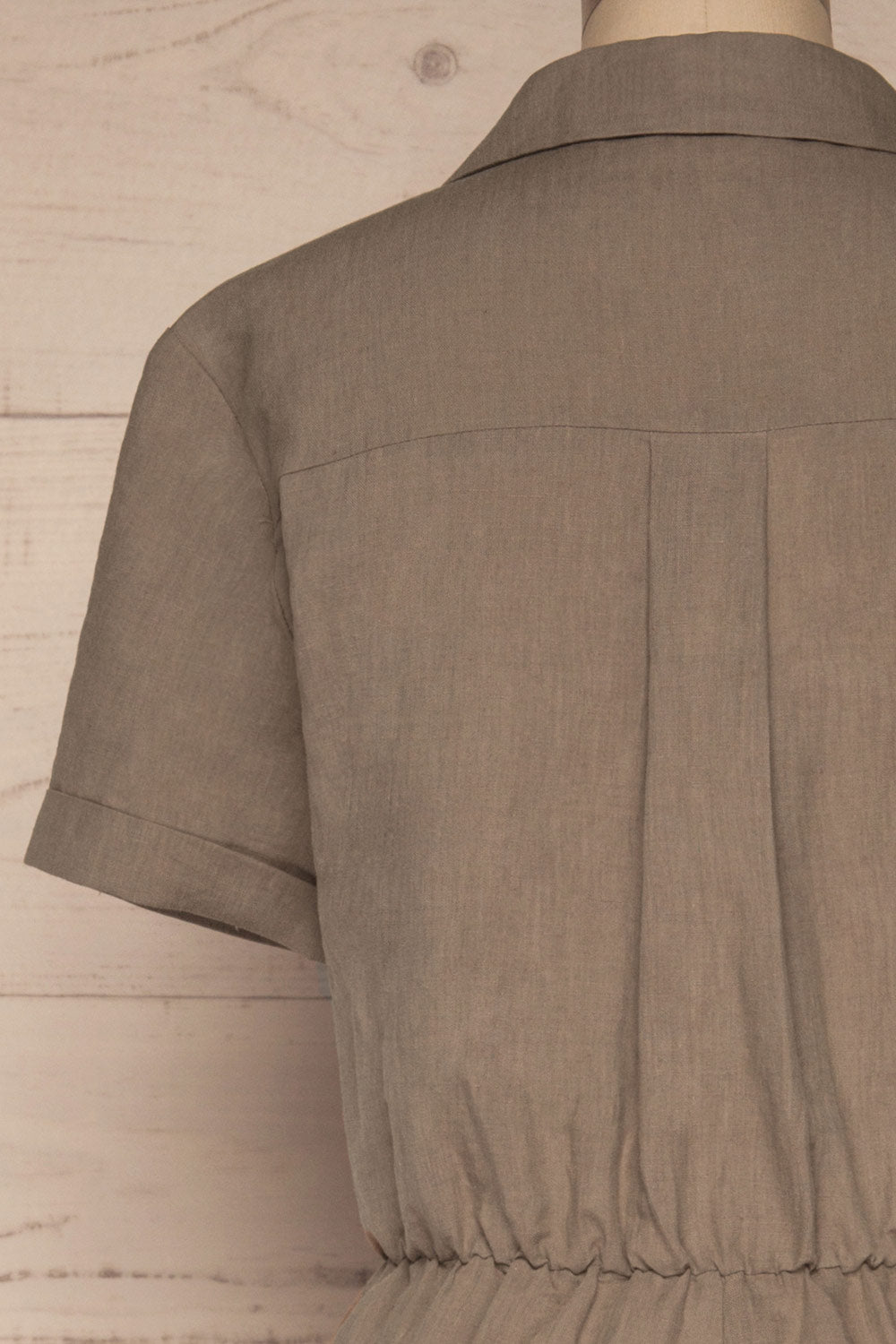 Arahal Taupe Short Sleeved Linen Romper | La petite garçonne back close-up
