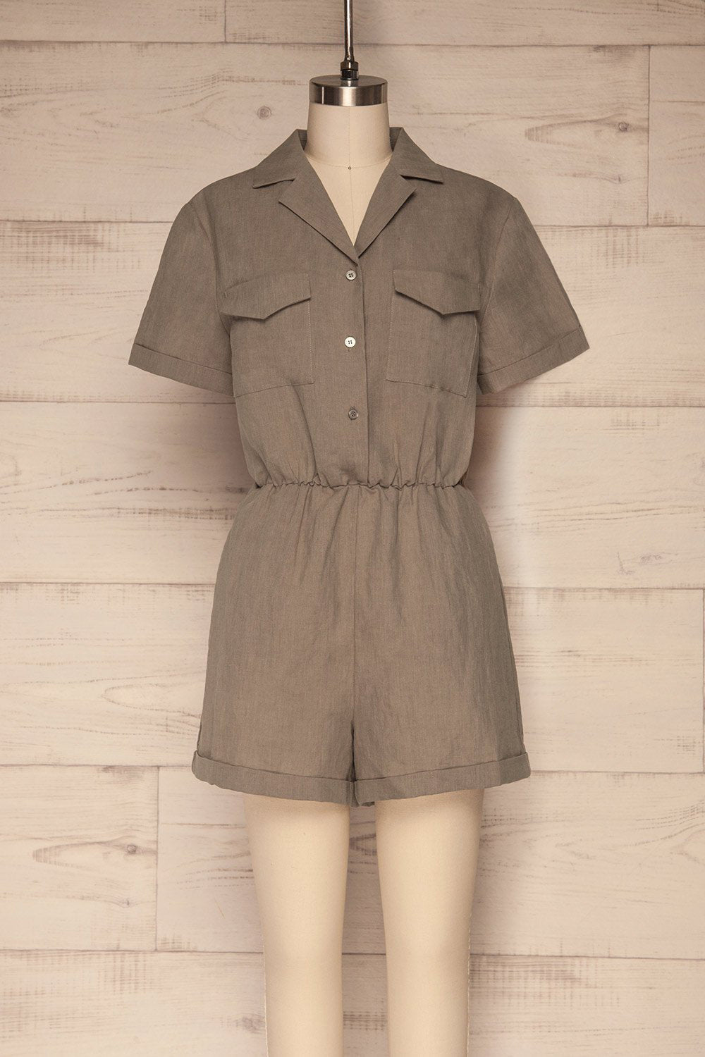 Arahal Taupe Short-Sleeved Linen Romper | La petite garçonne